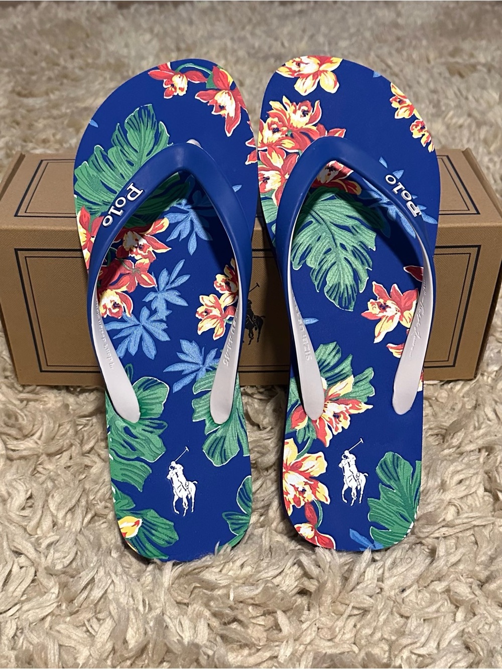 Polo by Ralph Lauren Blue Tropical Floral Flip Flop Sandals Size 11-12
